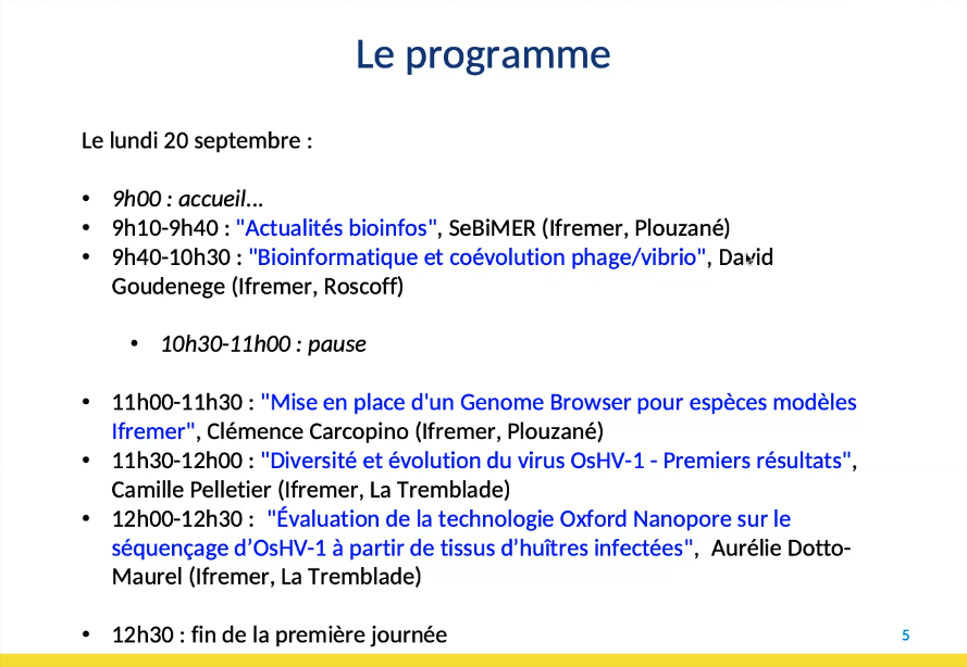 leroilau's tweet photo. Au programme de cette première demi-journée : les actualités du #SeBiMER, des orateurs ifremériens et roscovites !#rencontresbioinfo2021 #ifremer https://t.co/16bn7IDbOy