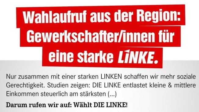 Gewerkschafterinnen und Gewerkschafter rufen auf: Wählt DIE #LINKE!👉🏼perli.de/2021/09/19/gew…. 

#btw21 #Linke #MachtdasLandgerecht #IchWaehleLinks #Niedersachsen