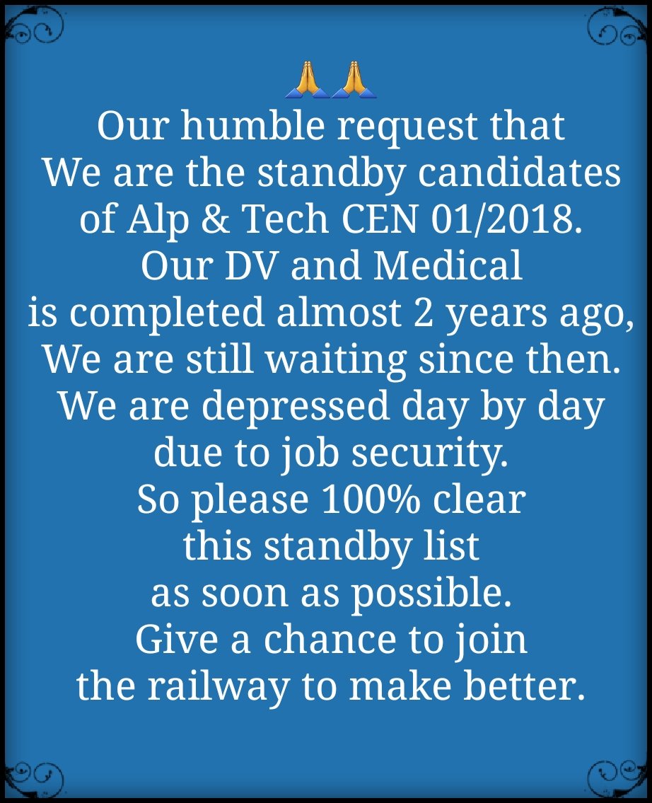 @SCRailwayIndia @swachhbharat @RailMinIndia #rrb_standby_clear_karo
#rail_mantri_ji_hamari_suno
@narendramodi
@AshwiniVaishnaw
Respected Sir, We are depressed day by day.Our financial condition is break down, also our age is increasing day by day.We are really survive in very bad situation.Please take necessary steps.