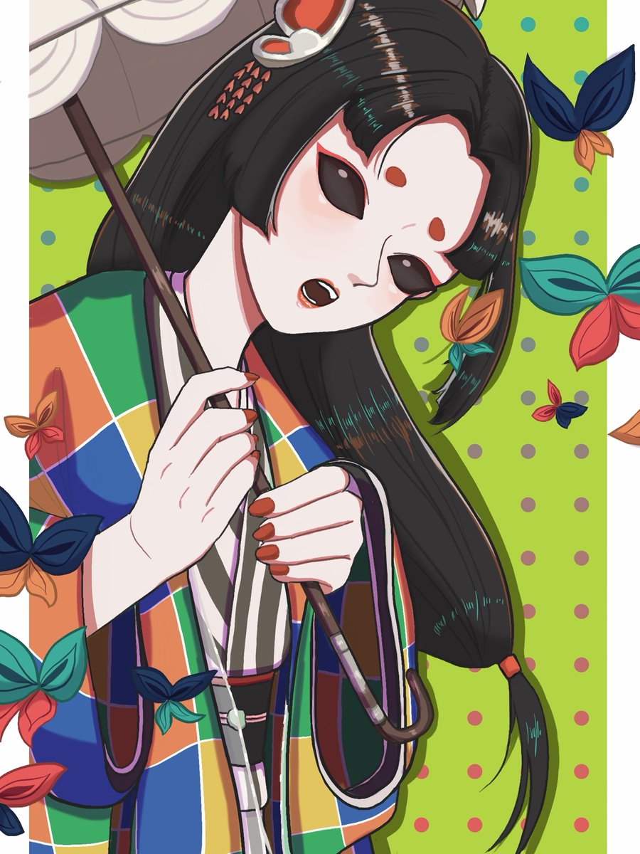 1girl umbrella black hair solo japanese clothes long hair kimono  illustration images