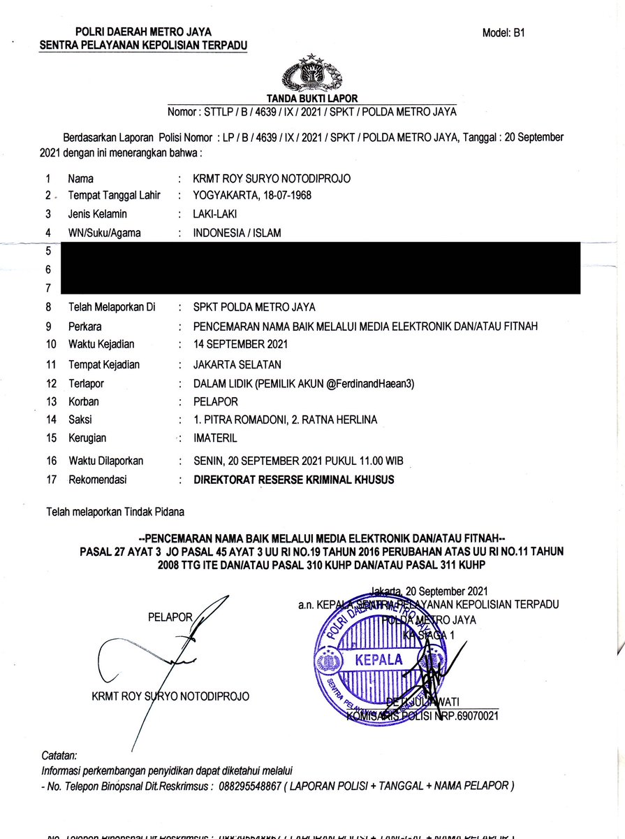 KRMTRoySuryo2's tweet photo. Hari ini saya Melaporkan 3 hal sekaligus di Polda Metro :
1. Cuitan EK yg melanggar Hukum (dlm Statusnya sdh Terlapor)
2. Membongkar Kedok Nama asli "MP" yg sebenarnya Ybs adalah YP alias AP, Terdakwa kasus di PN Tgr th 2018
3. Cuitan FH alias SM yg melanggar UU ITE &amp; KUHP
AMBYAR https://t.co/Mgw76e2aKE