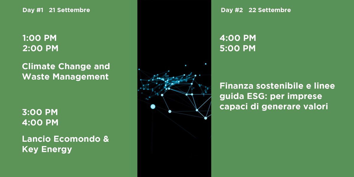 Ecomondo's tweet photo. Save the date 📌 Domani 21 settembre inizia la #DigitalGreenWeek #5!
Partecipa a tutti gli eventi a partire dalle 10:00 e non perdere la
✅ Conferenza di presentazione di #Ecomondo e #KeyEnergy, edizione fisica 2021 ore 15-16
Registrati qui https://t.co/ly9Ta948ap
#IEGexpo https://t.co/ZU6jNrLu55