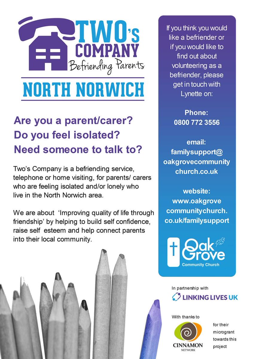 OGCommChurch's tweet photo. Two's Company Befriending Parents scheme launch 16th Oct
Would you like to volunteer to befriend a parent/carer? Giving 1hr a week/fortnight makes a real positive difference to someone feeling isolated/lonely &amp; has a positive impact on the whole family.
Get in touch for more info https://t.co/uwe7B2uiwn
