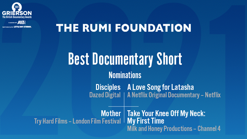 #GriersonAwards nominees for <a href="/rumifoundation/">therumifoundation </a> Best Documentary Short  bit.ly/3Espv5r

<a href="/jesskohlx/">Jess Kohl</a> @tryhardfilm @sorchalouise @kate_stonehill