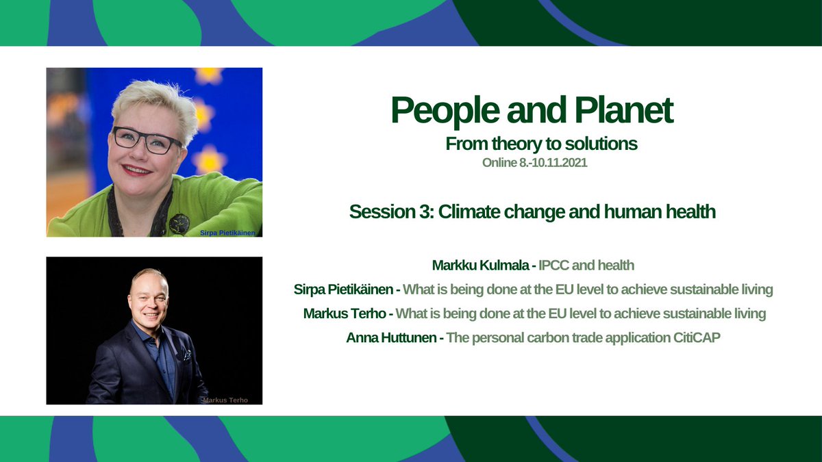 .#PeoplePlanetConference session 3 discusses about climate change and human health. Join the discussion with  @MarkkuKulmala1 @spietikainen @mterho @HuttuNa chaired by @FurmanEeva

Registration is open until 31.10.
#PlanetaryHealth 

More: https://t.co/xt8FxvXQmQ https://t.co/3QpjmYOv3g