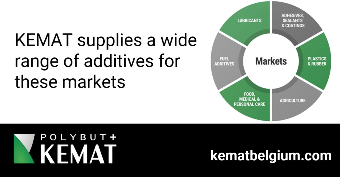 kematbelgium's tweet photo. KEMAT supplies a wide range of additives to a diverse customer base across many industry segments.
Click the market segments on our website!
https://t.co/v3P1R7VHuJ
#additives #lubricants #adhesives #butyl #skincare #FuelAdditives #plasticfilms https://t.co/qy27EAo62U