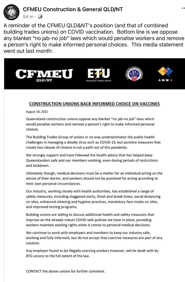 JaneTaylore's tweet photo. @sallymcmanus @CFMEUVicTas Only 2 unions stand with paid members to have the right to choose wether to vaccinate or not.
CFMEU QLD and NT. The rest of the trade unions sold out their members and sided with government. Go on your picnics Sally and let another person lead.
#SackSally https://t.co/LDbC1NE0t5