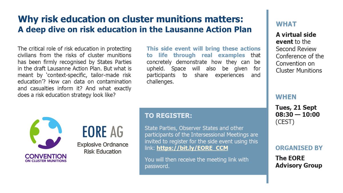theGICHD's tweet image. Join us tomorrow for a virtual side event during #CCM2RevCon on &quot;Why risk education on cluster munitions matters: a deep dive on risk education in the draft Lausanne Action Plan&quot;
Register here: bit.ly/EORE_CCM. 

The side event is organised by the #EORE Advisory Group.