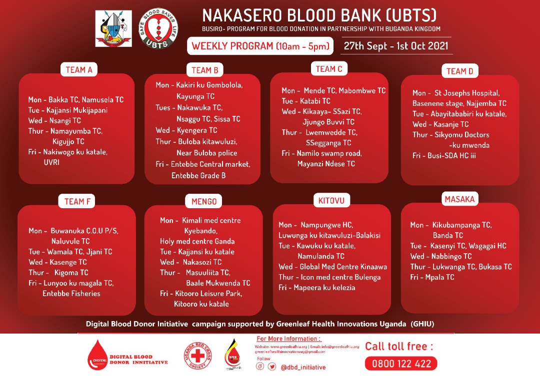 DIGITAL BLOOOD DONOR INITIATIVE - @dbd_initiative (@dbd_initiative) on Twitter photo "CAMPED IN BUSIRO THIS WEEK LET'S SUPPORT BLOOD DONATION IN BUGANDA REGION 27th Sept - 1st OCT 2021" <a href="/kabakafound/">Kabaka Foundation</a> <a href="/Blood4Uganda/">Donate:Blood4Uganda</a> <a href="/ubtsug1/">Uganda Blood Transfusion Service (UBTS)</a> <a href="/UgandaRedCross/">Uganda Red Cross Society</a> <a href="/DianaAtwine/">Dr. Diana Atwine</a> <a href="/dianawek24/">Nagawooya Diana</a> <a href="/NadaAndersen/">Nada Andersen</a> <a href="/JenifaOchwo/">Jenifa Ochwo</a> <a href="/EximBankUganda/">Exim Bank Uganda Limited</a> <a href="/fsnakazibwe/">Faridah Nakazibwe</a>
<a href="/RMityana/">Rotaract Club Of Mityana</a> <a href="/Youth4SDGsUg/">Uganda Youth Coalition For SDGs</a> <a href="/SDGoals/">Global Goals Gazette</a> "CAMPED IN BUSIRO THIS WEEK LET'S SUPPORT BLOOD DONATION IN BUGANDA REGION 27th Sept - 1st OCT 2021" <a href="/kabakafound/">Kabaka Foundation</a> <a href="/Blood4Uganda/">Donate:Blood4Uganda</a> <a href="/ubtsug1/">Uganda Blood Transfusion Service (UBTS)</a> <a href="/UgandaRedCross/">Uganda Red Cross Society</a> <a href="/DianaAtwine/">Dr. Diana Atwine</a> <a href="/dianawek24/">Nagawooya Diana</a> <a href="/NadaAndersen/">Nada Andersen</a> <a href="/JenifaOchwo/">Jenifa Ochwo</a> <a href="/EximBankUganda/">Exim Bank Uganda Limited</a> <a href="/fsnakazibwe/">Faridah Nakazibwe</a>
<a href="/RMityana/">Rotaract Club Of Mityana</a> <a href="/Youth4SDGsUg/">Uganda Youth Coalition For SDGs</a> <a href="/SDGoals/">Global Goals Gazette</a>
