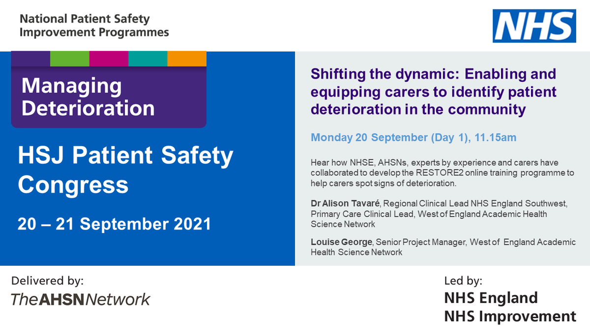 Health Innovation West of England (@healthinnowest) on Twitter photo Hear how #AHSNs, <a href="/NatPatSIP/">NatPatSIP</a>, experts by experience and carers have collaborated to develop #RESTORE2 online training to help carers in the community spot signs of deterioration, with our very own <a href="/AlisonTavare/">Alison Tavare 💙</a> and <a href="/LouiseG137/">Louise George</a> at <a href="/HSJptsafety/">Patient Safety Congress & Awards</a> Congress: ahsnnetwork.com/patient-safety… Hear how #AHSNs, <a href="/NatPatSIP/">NatPatSIP</a>, experts by experience and carers have collaborated to develop #RESTORE2 online training to help carers in the community spot signs of deterioration, with our very own <a href="/AlisonTavare/">Alison Tavare 💙</a> and <a href="/LouiseG137/">Louise George</a> at <a href="/HSJptsafety/">Patient Safety Congress & Awards</a> Congress: ahsnnetwork.com/patient-safety…