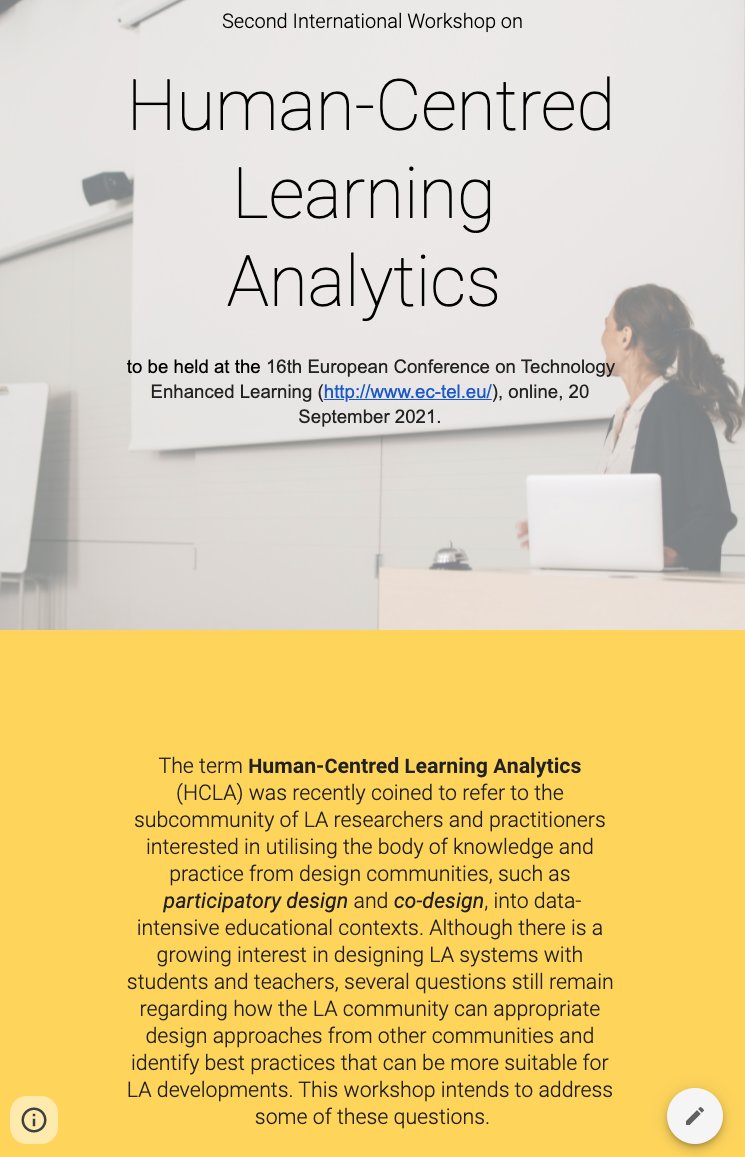 sbuckshum's tweet photo. Second International Workshop on Human-Centred Learning Analytics β’ this afternoon at #ectel21 https://t.co/0q2iEU6SGF https://t.co/uBjfV7x6k9