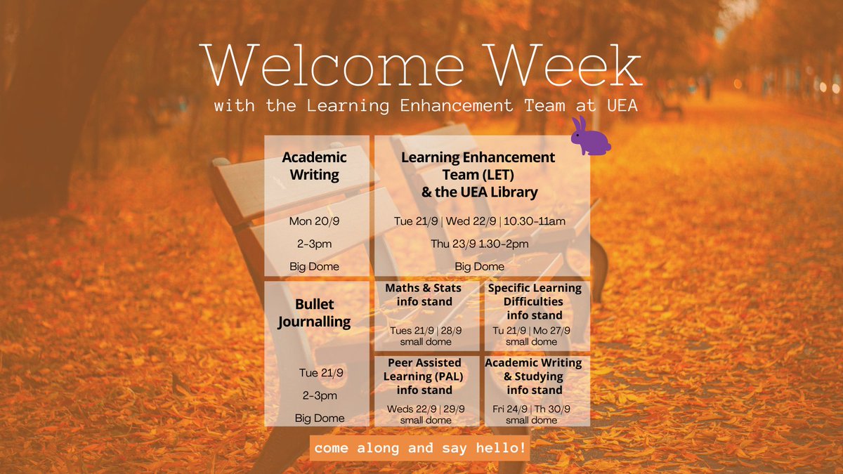 uealearn's tweet photo. Come along to the Big Dome this afternoon to hear LET tutor Chris talk about approaches and strategies to help you write more confidently at university ✏️🗒📈🐇
#LETevent
#WelcomeToUEA https://t.co/9n9eqNajzb