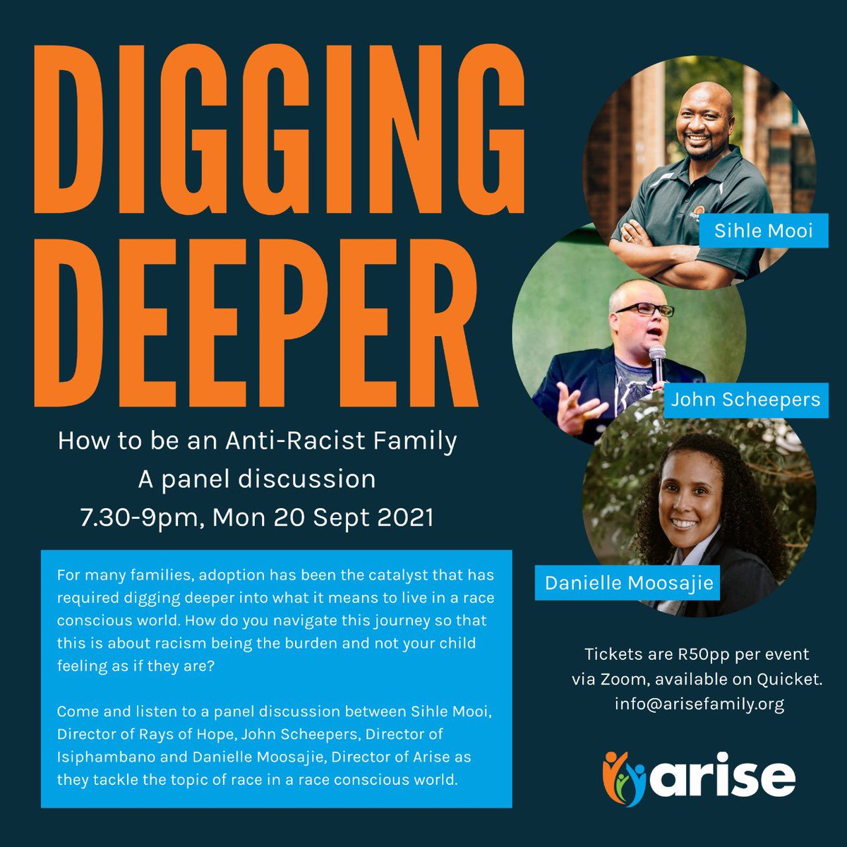 Join Isiphambano Director John Scheepers, Sihle Mooi from Rays of Hope and Dani Moosajie, from Arise for this Digging Deeper panel discussion with <a href="/AriseFamilySA/">Arise Family</a>  TONIGHT at 19:30 as they talk anti-racism, parenting and adoption.

Book here quicket.co.za/events/147967-…