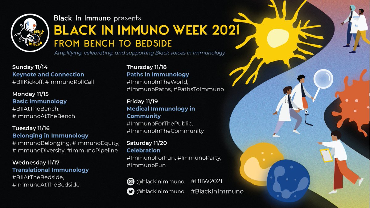 Announcing the program of Black In Immuno Week on Nov 14-20 2021! A week packed with:
🤩social media networking
👩🏿‍🔬virtual scientific talks #immunology
🤝panel discussions 
🥳celebration
Sign up to get notified when registration opens blackinimmuno.org/biiw2021
SHARE WIDELY
#BIIW2021