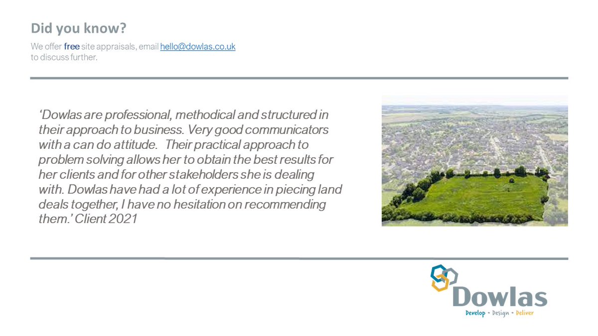 Wondering what to do with your Land and Property? Develop? Sale? Diversify? Refurb?

Did you know.....? We offer FREE site appraisals!

We are now taking bookings for October, please get in touch to discuss
hello@dowlas.co.uk

#Develop #Design #Deliver