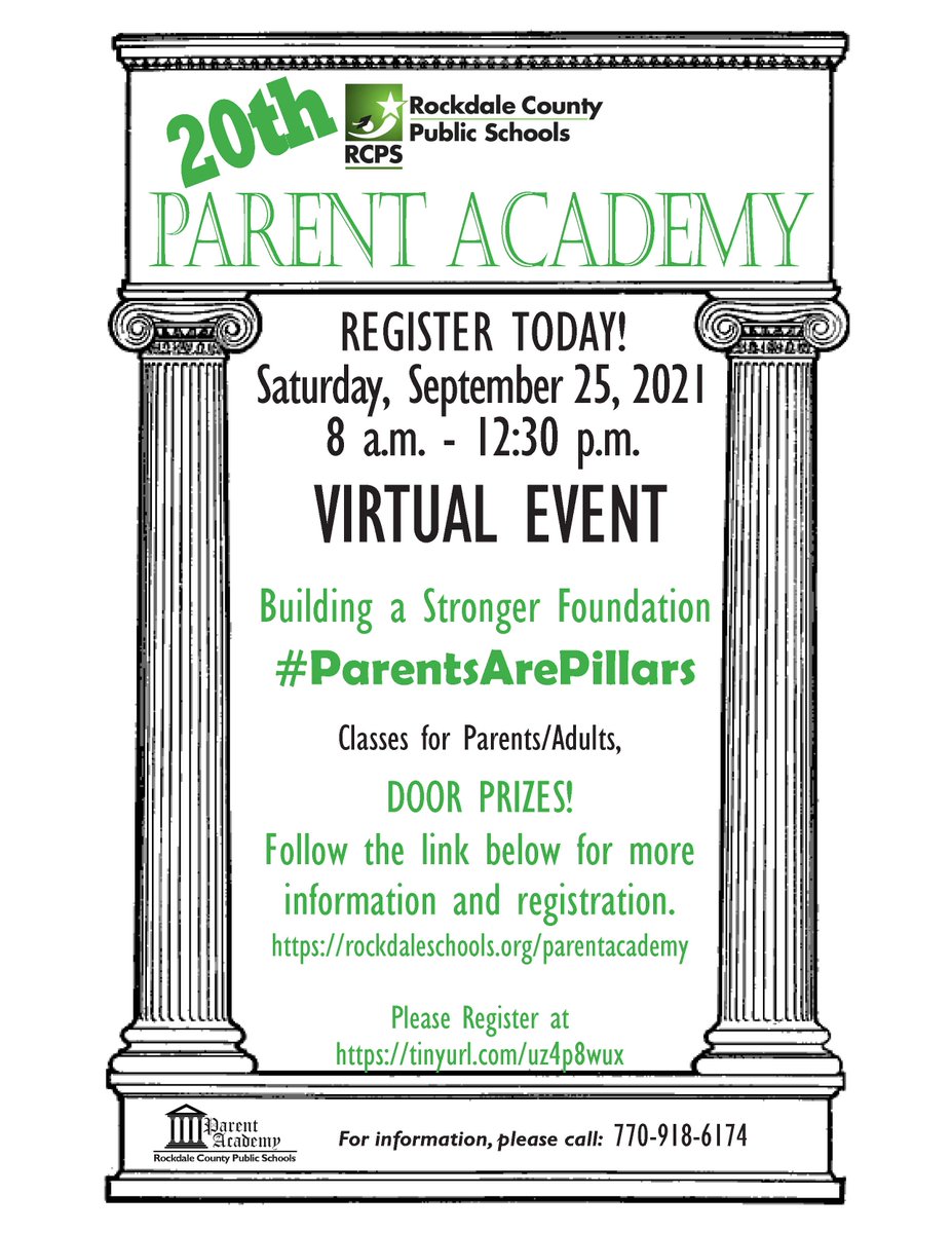 Register today! Parent Academy returns Saturday, September 25, 2021, 8 a.m.-12:30 p.m., online live virtual event. Free classes, door prizes; register at tinyurl.com/uz4p8wux; info at rockdaleschools.org/parentacademy or call 770-918-6174