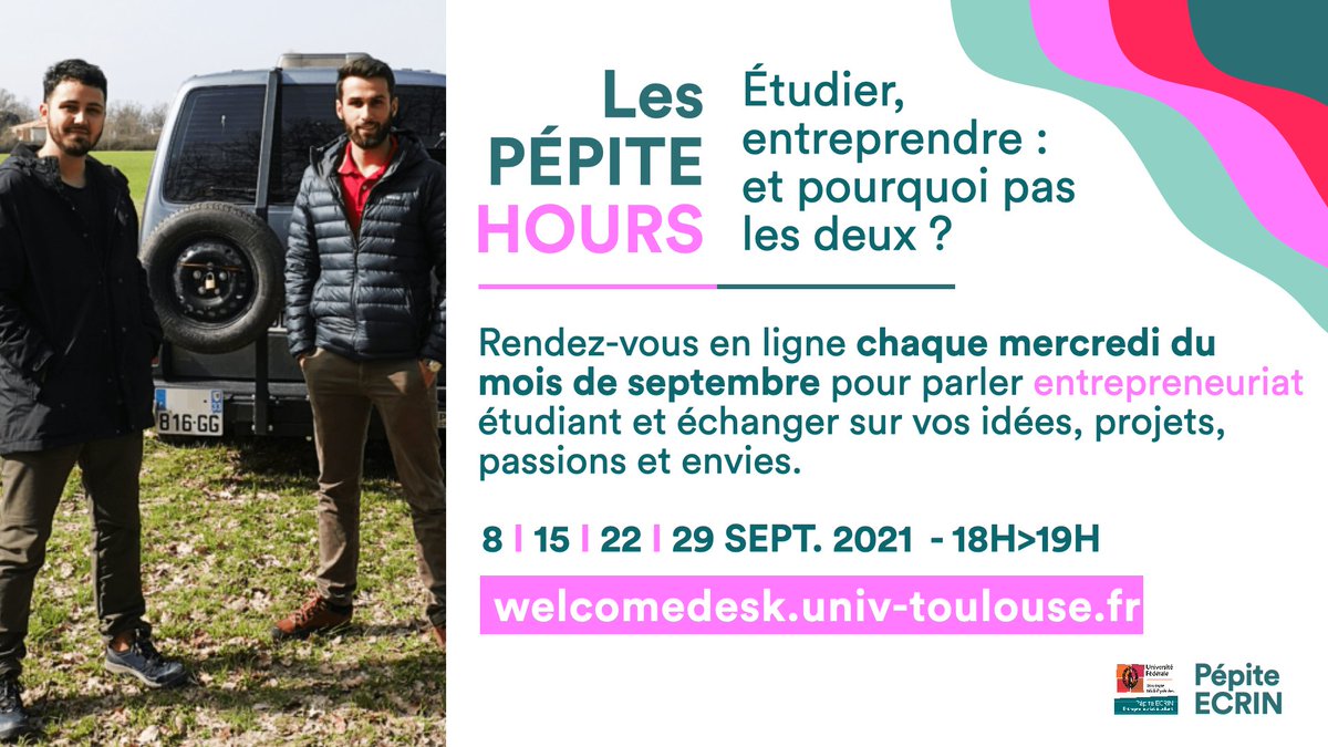 📣 Qui dit Mercredi, dit #PépiteHours 🤩

📍 Rendez-vous en ligne pour le 3ème #PépiteHours, Mercredi 22 septembre pour #échanger avec Pascal &amp; Théo, #étudiants #entrepreneurs du Pépite écrin avec leur projet SKEP 🚙

Infos &amp; inscription gratuite ➡️ cutt.ly/abs5uhA