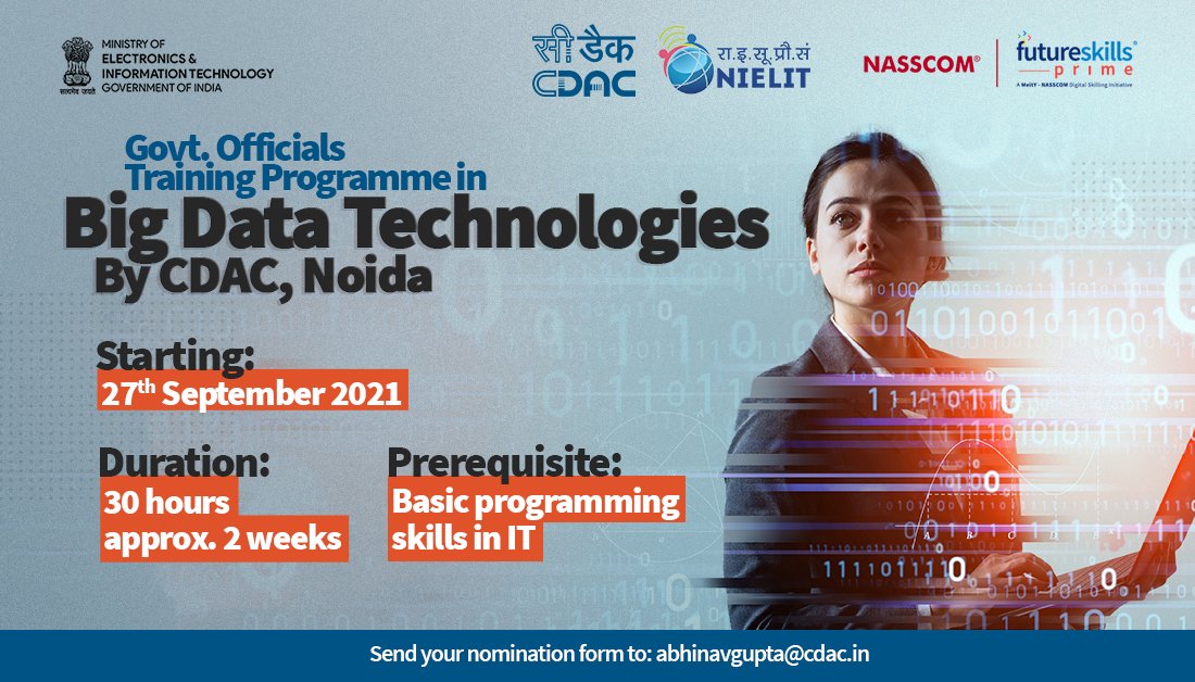 fsprimeofficial's tweet image. CDAC, Noida brings an immersive training programme on #BigData that will take participants through:
👍 Predictive Analytics using Python
👍 Data Visualization
👍 Advanced Framework of Hadoop
👍 MR Programming
👍 Hive, SQL