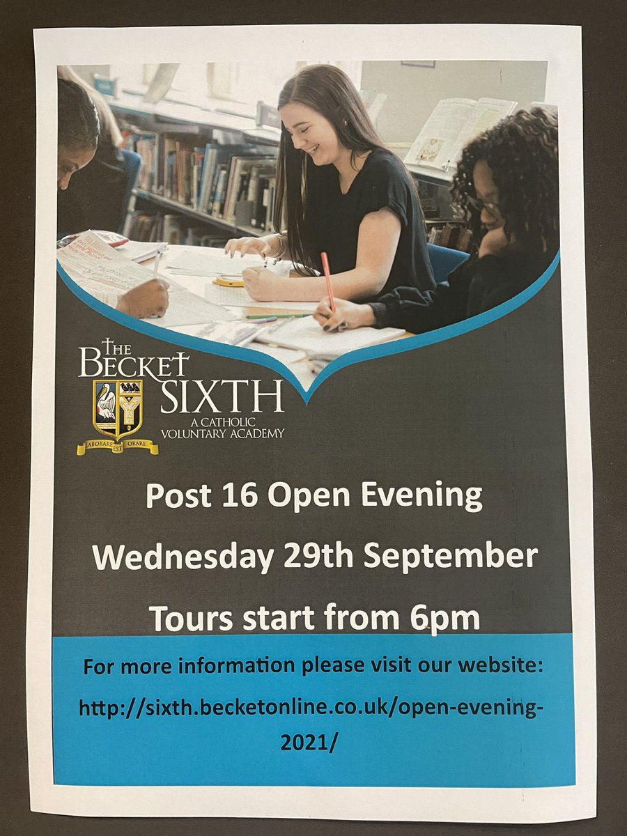 Post 16 Open Evening on Wednesday 29th September. To book a tour to visit our fantastic sixth form and meet teachers, staff and students please click on  sixth.becketonline.co.uk/open-evening-2… We look forward to welcoming you in person #BecketSixth #WorkHard #sharingiscaring