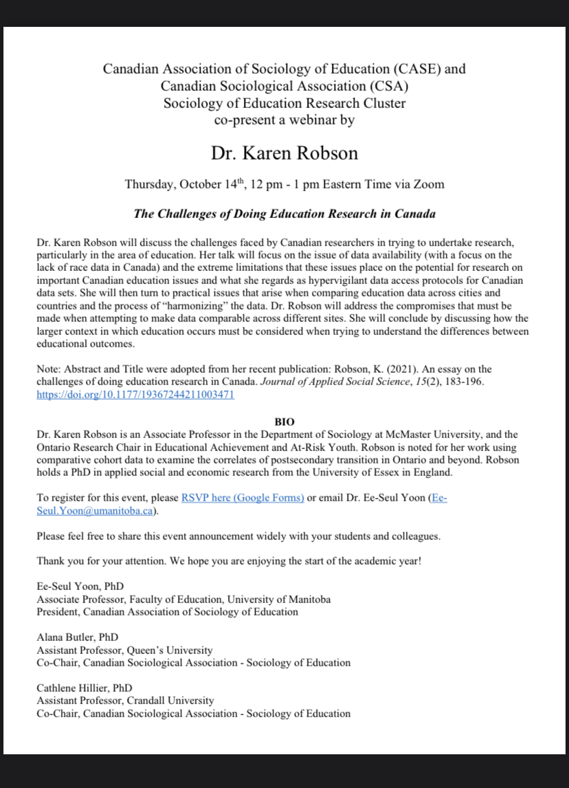 📣📣 Educational research is not without its challenges. Join us for a presentation by @klrobson on Oct. 14th, relating to data issues and their practical implications. Registration information is in the attachment. See you there!