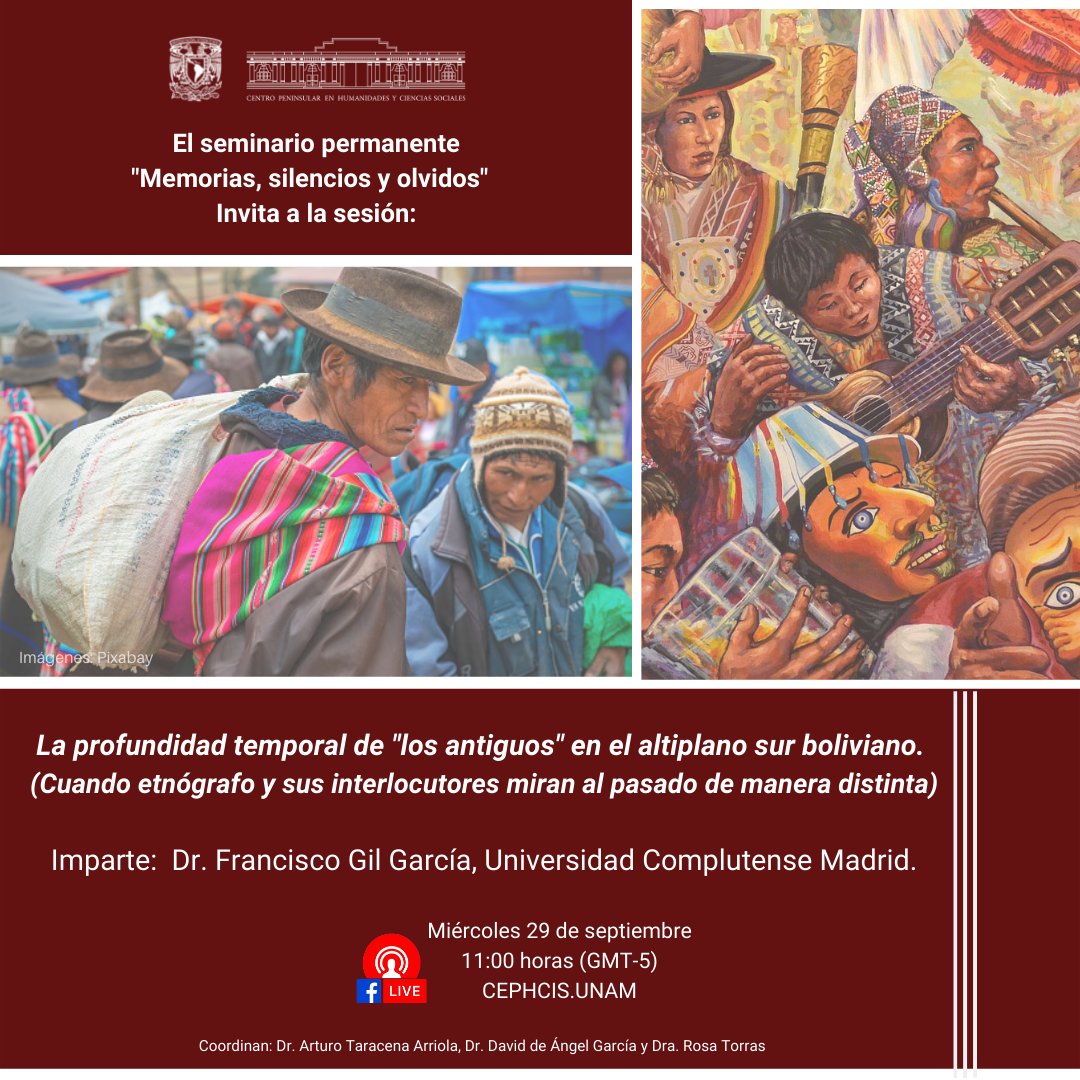 Este miércoles 29 de septiembre se dará la conferencia: La profundidad temporal de 'los antiguos' en el altiplano sur boliviano.
Imparte el Dr. Francisco Gil García.
Únete a nuestro #fblivestream en punto de las 11:00 horas.
#CEPHCISenCasa #AgendaSemanal #Miercoles #FbLivestream