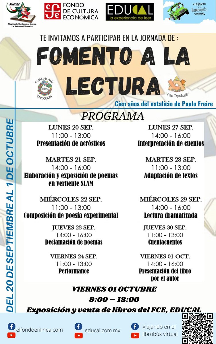 Cheri_EPO55's tweet photo. Hoy, 20 de Sep., iniciamos una #JornadaDeFomentoALaLectura
#33AñosPrepa55 #CienAñosFreire 
Habrá #Poesia #Narrativa expresiones artísticas y #FiestaDeLaPalabra
@MexiquenseR @RadioEducacion @lavoladoraradio @ajuscoradio @regeneracion_r @chicoloapan
@FCEMexico @EducacionFutura https://t.co/K1QX0B8GGs
