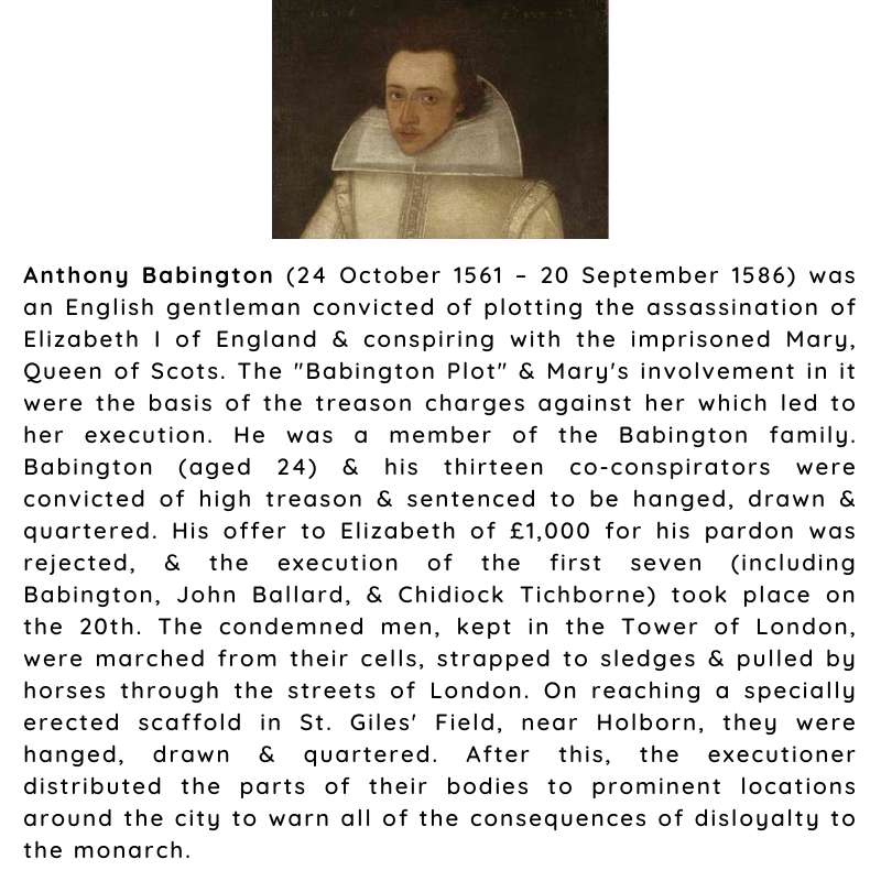 BritishHistorym's tweet photo. #otd 20 September 1586 – Sir Anthony Babington, English Catholic conspirator was executed for plotting the assassination of Elizabeth I of England & conspiring with Mary, Queen of Scots.
#Tudorhistory #Englishhistory #BabingtonPlot #onthisdayinhistory https://t.co/M1ZIBAVXBx