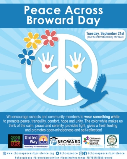 BASCCBroward's tweet photo. Tuesday, September 21st, is the International Day of Peace. Please wear white to promote peace, tranquility, comfort, hope and unity. #BASCCquality #choozpeace #browardprevention #leadthechange #LIVEUNITEDBroward @browardschools https://t.co/mcf6W9myBp