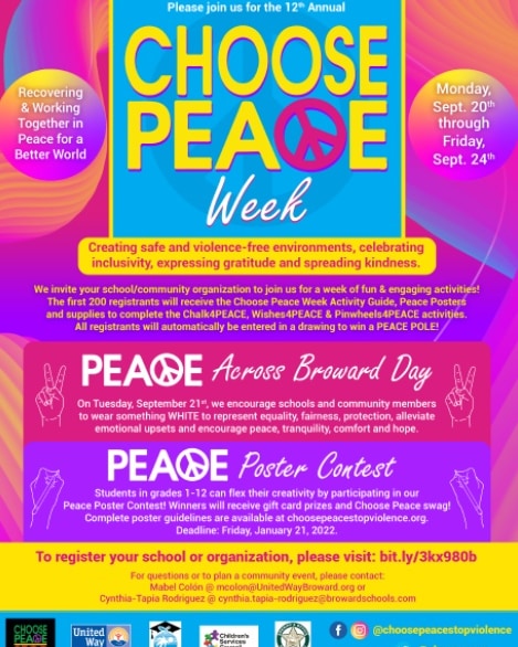 BASCCBroward's tweet photo. Tuesday, September 21st, is the International Day of Peace. Please wear white to promote peace, tranquility, comfort, hope and unity. #BASCCquality #choozpeace #browardprevention #leadthechange #LIVEUNITEDBroward @browardschools https://t.co/mcf6W9myBp