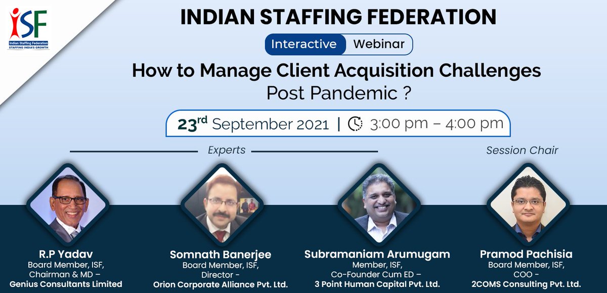 ISFederation's tweet photo. Join the Webinar https://t.co/zX7gmiBBNk to interact as we discuss - How to Manage Client Acquisition Challenges Post Pandemic ? Interact with experts who are coming together to find a possible way forward.
#staffingisgood #Jobs #sme #MSME #employmenttrends #ceo #developments https://t.co/3FI1vv6pzk