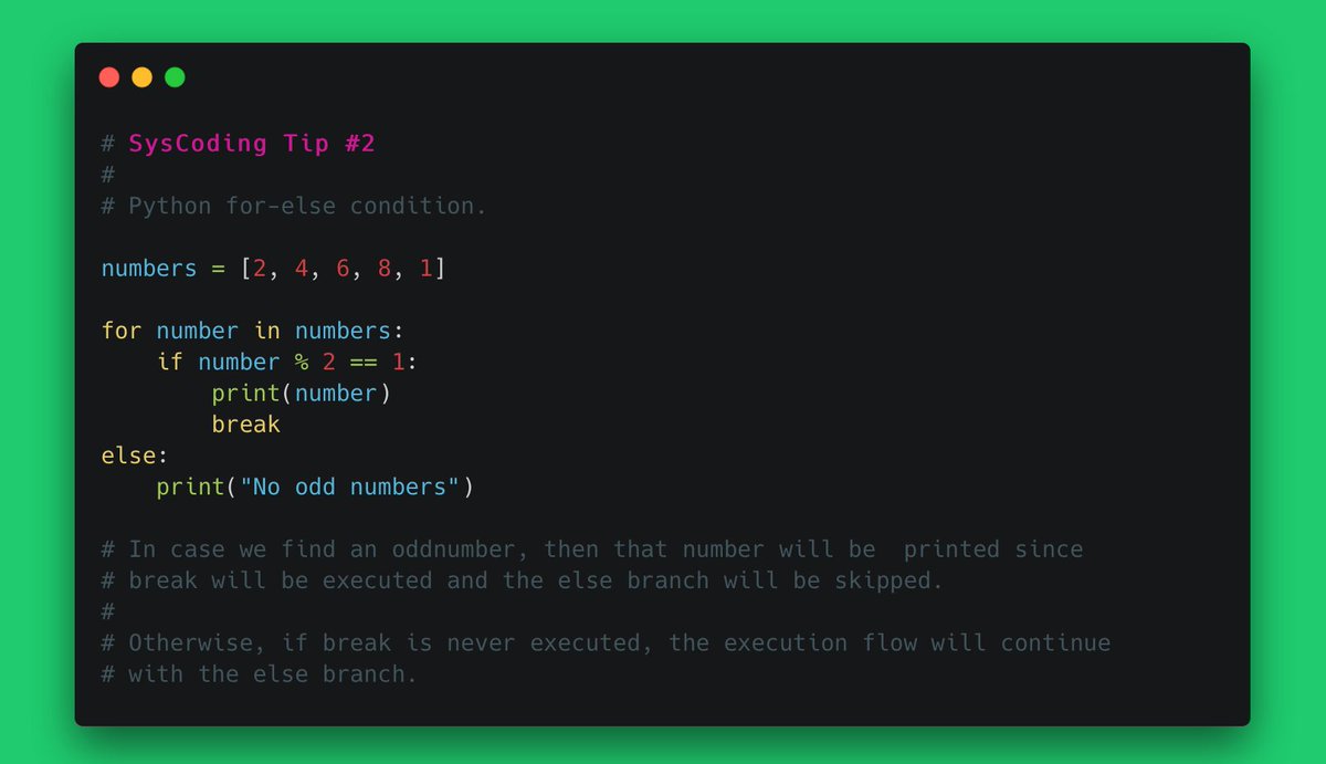 sys_coding's tweet image. SysCoding Tip #2

Python for-else condition. syscoding.com/questions/34/h…

#Python #pythoncode #codinglife