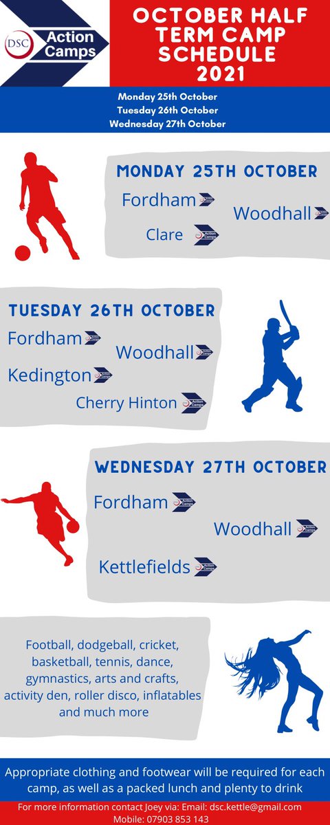 Dellar_SC's tweet image. DSC Action Camps are back! ⚽️🏀🤸🏻‍♂️💃🏻
We have a full programme of camps coming up in the October Half Term
🧟🧛🏻🎃

Please see leaflets attached for full details and how to book for each individual camp

#TeamDSC 🔵⚪️🔴