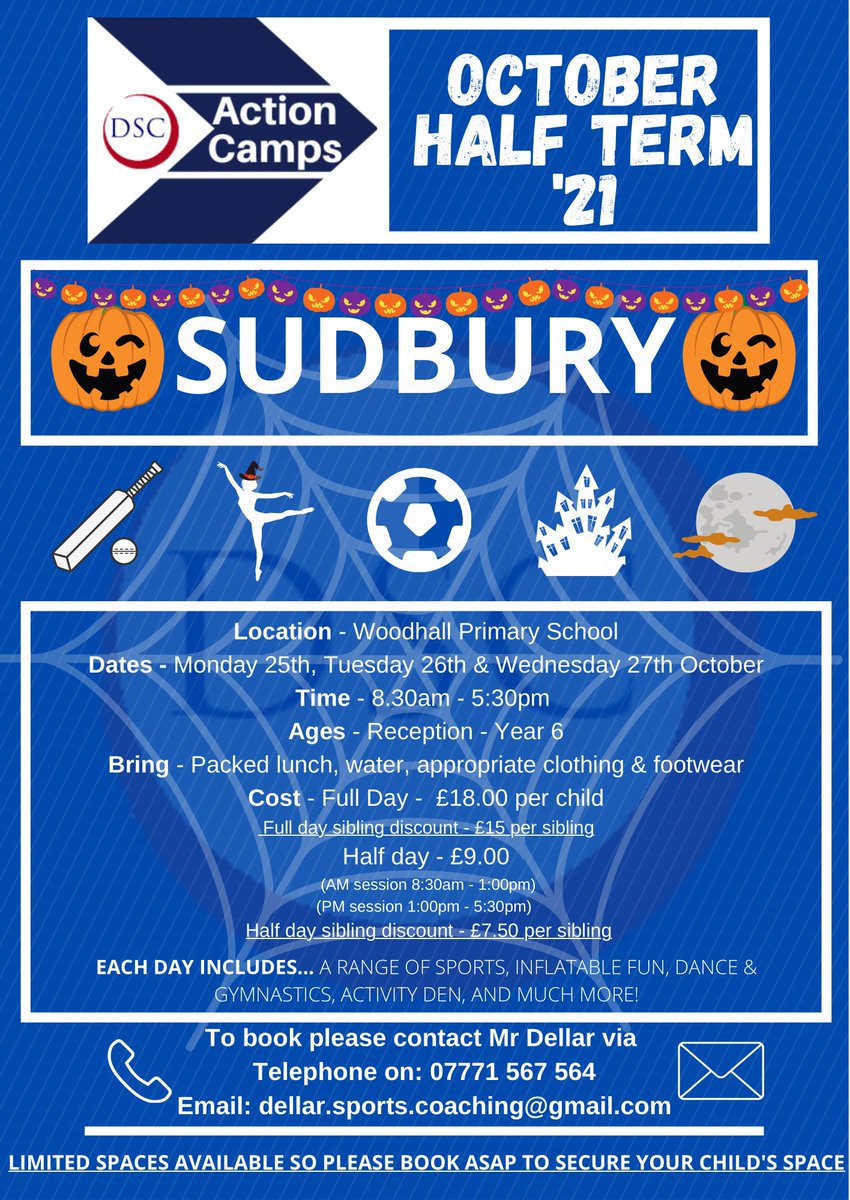 Dellar_SC's tweet image. DSC Action Camps are back! ⚽️🏀🤸🏻‍♂️💃🏻
We have a full programme of camps coming up in the October Half Term
🧟🧛🏻🎃

Please see leaflets attached for full details and how to book for each individual camp

#TeamDSC 🔵⚪️🔴