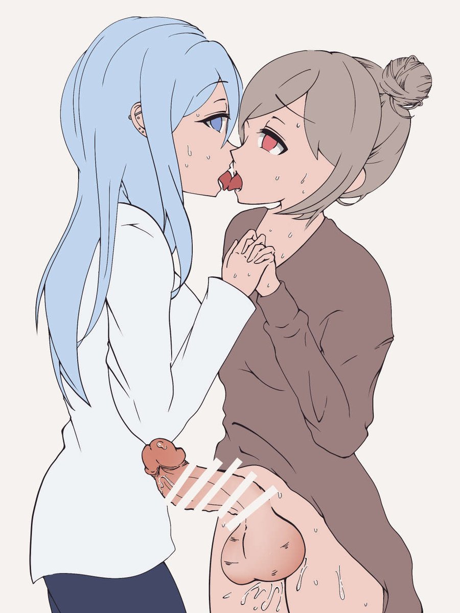 2girls multiple girls kiss blue hair futa with futa red eyes long hair  illustration images