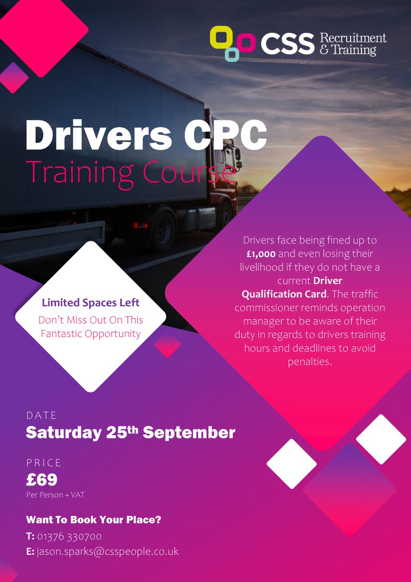 CssRecruitment1's tweet image. ❗❗️️ Limited Spaces Left ❗❗

T️️his coming Saturday we have a #DriversCPC Training course taking place at our training centre located in #Braintree, #Essex 👇