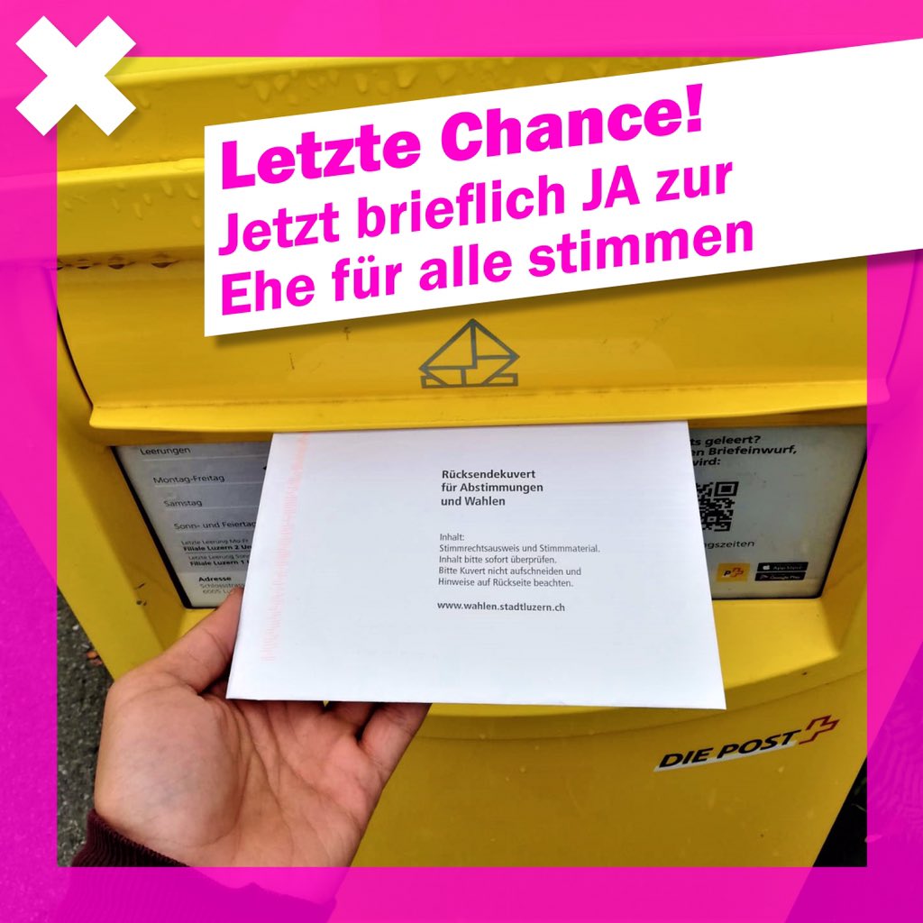 B-Post nur noch bis Dienstag möglich.📮
Die Stimmbeteiligung in den Städten ist noch viel zu tief. Bitte wirf darum heute noch dein JA zur Ehe für alle ein. Danke. ♥️ #ehefüralle