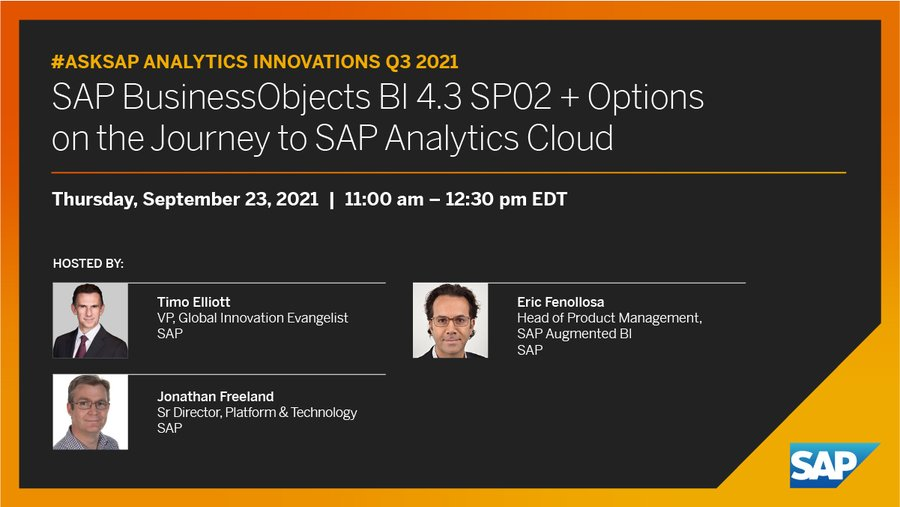 Dear SAP #BusinessObjects customers, join us to discover 4.3 SP2 new exciting features, as well as the opportunity to start your journey to the cloud with SAP BusinessObjects, private cloud edition. event.on24.com/wcc/r/3374541/… <a href="/SAPAnalytics/">SAP Analytics</a>