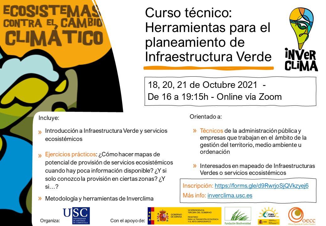 🆕 Abierto el plazo de inscripción en el curso para técnicos de planeamiento.

Destinado a dar a conocer las herramientas desarrolladas en Inverclima para planificar Infraestructuras Verdes.

Registro en el siguiente enlace (fecha límite 7 de Octubre):

forms.gle/d9RwrjoSjQVkzy…