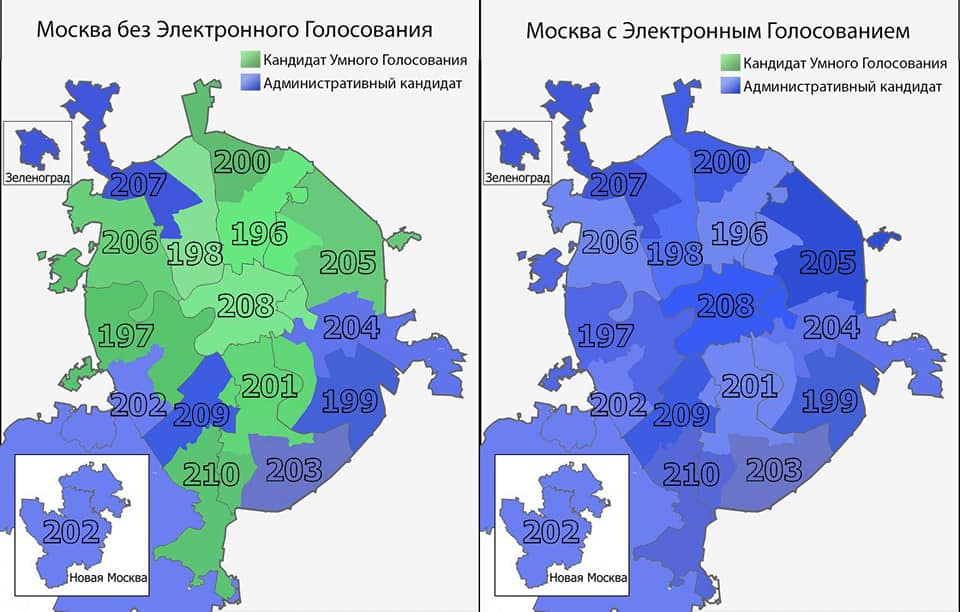 The results of parliamentary elections in Moscow w/o (left) and with (right) "electronic voting". The proof that this a fraud, not biased sample, is in that the electronic voting results were released 12 hours later - after all districts reported their numbers.