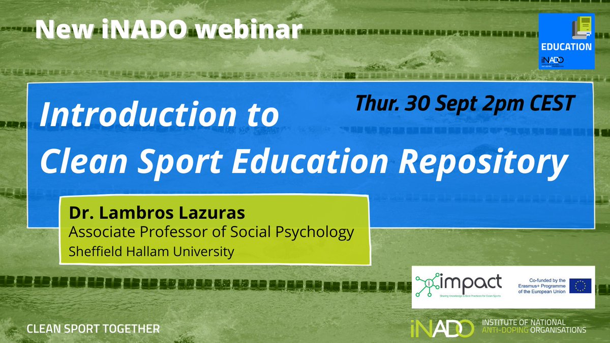 Showcasing IMPACT's Repository for Clean Sport Education <a href="/impact4sport/">Project IMPACT</a> to policy-makers and anti-doping organisations from across the globe, in special iNADO <a href="/iNADOantidoping/">iNADO</a> webinar on Sept 30th.