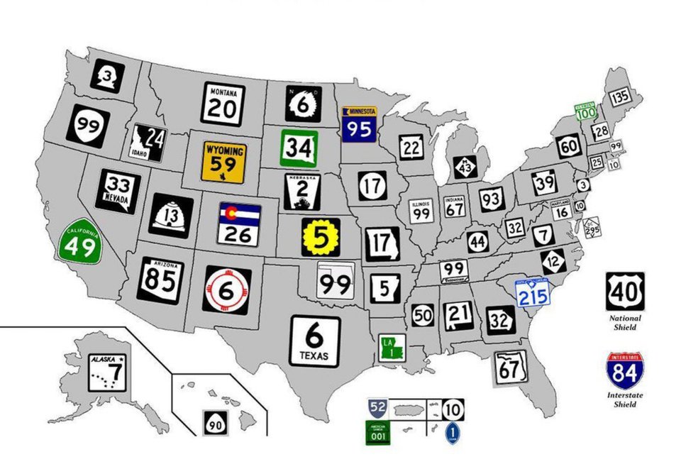 Road sign designs for state highways in the USA