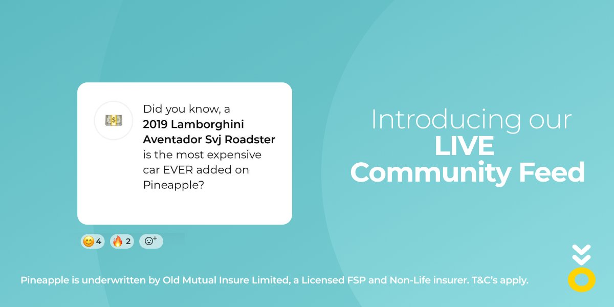 Pineapple_SA's tweet photo. Our โจNEWโจ #CommunityFeed is live and itโs filled with fun facts about our community ๐๐๐ ! Stay in the know with #PineappleInsurance! Log onto our app daily for live updates๐. https://t.co/8auG4gsTbG