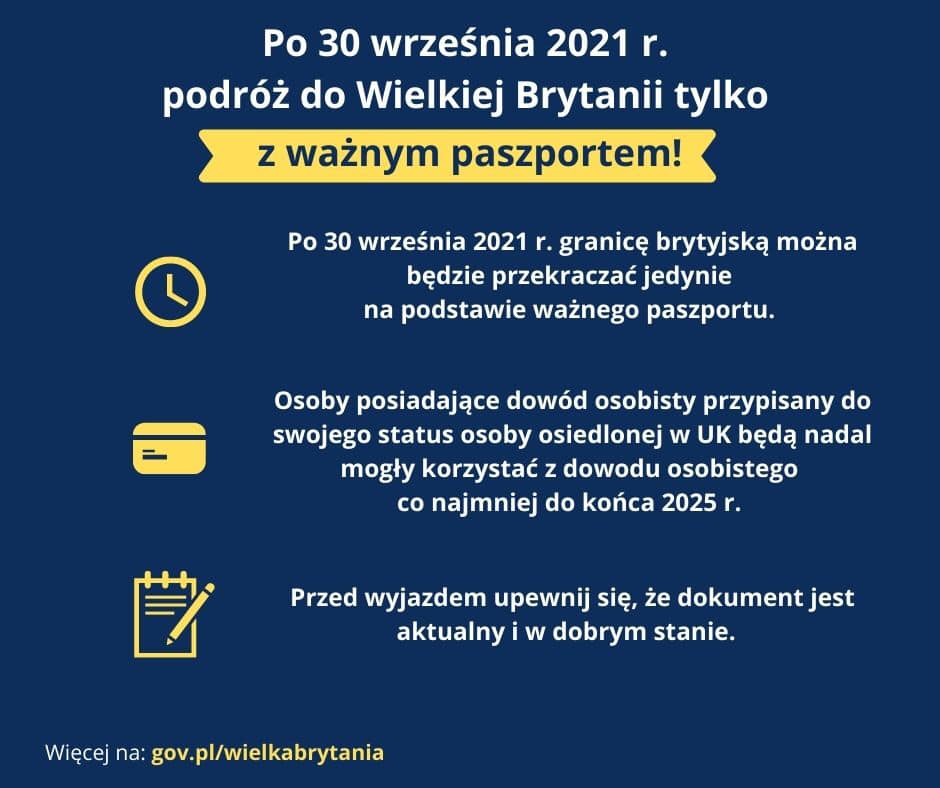 Po 30.9.2021 podróż do UK będzie możliwa tylko z ważnym paszportem. Jednocześnie osoby, które posiadają settled lub pre-settled status w ramach EU Settlement Scheme, będą mogły używać dowodu osobistego w celu wjazdu do UK co najmniej do 31.12.2025. Więcej: gov.pl/wielkabrytania