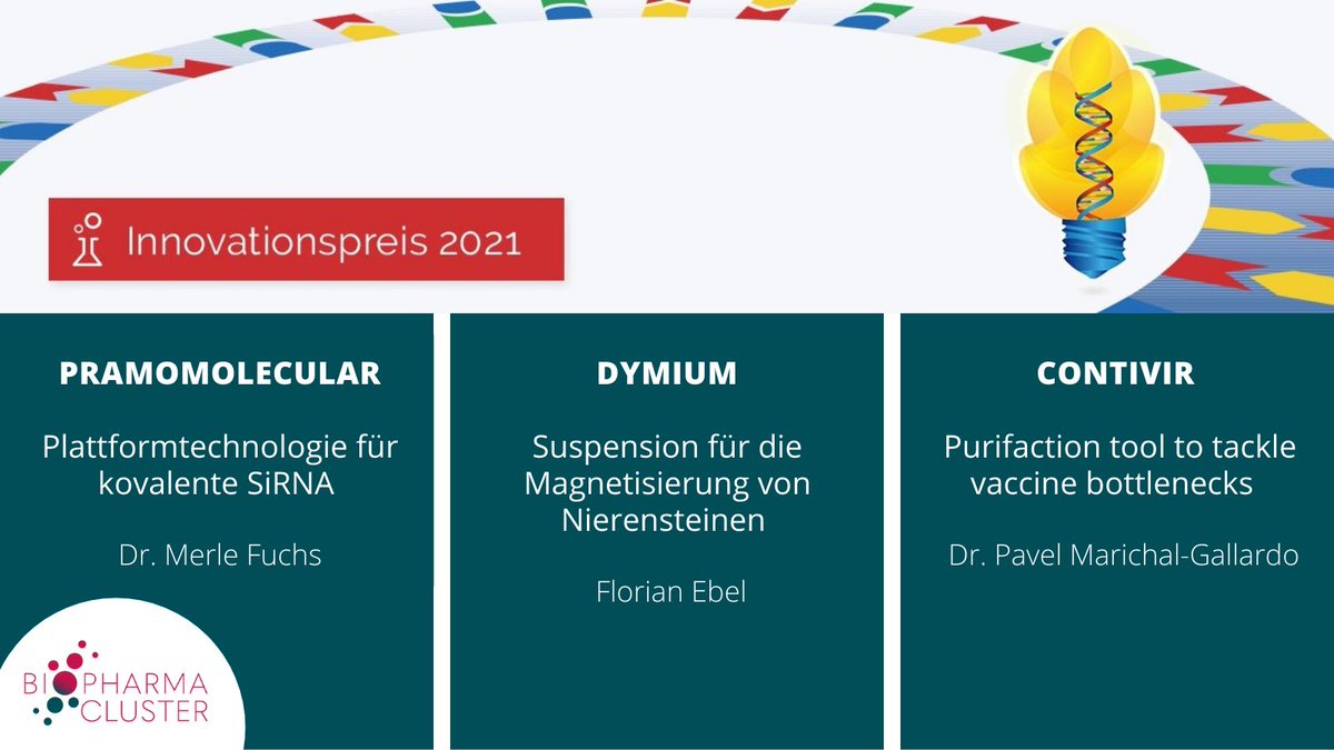 BioPharmaCL_GER's tweet photo. 🇩🇪Biotechnologietage #DBT2021 live aus Stuttgart | Herzlichen Glückwunsch an die 3 Gewinner:innen des Innovationspreises 2021 der #BioRegionen @BIODeutschland:
🏆 Dr. Merle Fuchs @Arnikaamsel – PRAMOMOLECULAR
🏆 Florian Ebel – Dymium
🏆 Dr. Pavel Marichal-Gallardo – ContiVir https://t.co/atCjCjb4FA