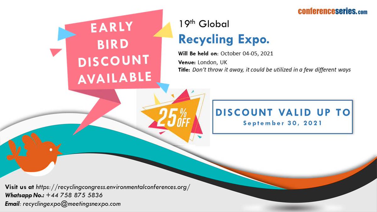 Save up to 25% on registration 

#Recycling2021 is going to welcome all the participants from all over the world to attain the 19th Global #Recycling Expo which is going to be held in London, UK

Register Now: …congress.environmentalconferences.org/registration.p…
#MondayMotivation #mondaythoughts #reducewaste