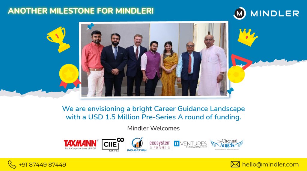 An important milestone for Team @mindlercareers 
We are happy to welcome Ecosystem Ventures nVentures PTE LTD Inflection Point Ventures The Chennai Angels to the Mindler Family. @taxmannindia @ipventures_in @CIIEIndia @chennaiangels #edtech #madeinindia @DIPPGOI #career #funding