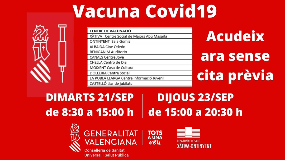 GVAdsxo's tweet photo. Aquesta setmana també #VacunemPerATu SENSE CITA PRÈVIA Si no t'has inmunitzat contra la #Covid19 acudeix aquesta vesprada al centre de vacunació més pròxim #PerTuPerMi #AmbResponsabilitat https://t.co/Xqfz1x1YzM