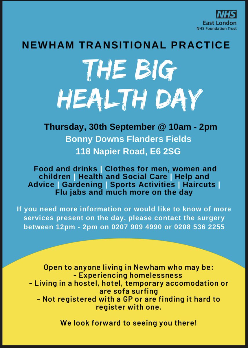 🚨No GP? Homeless or vulnerably housed in Newham? If yes then please do come along to our Big Health Day next week Thursday 30th September 2021 for all the below and lots more!  We can't wait to meet you!🚨