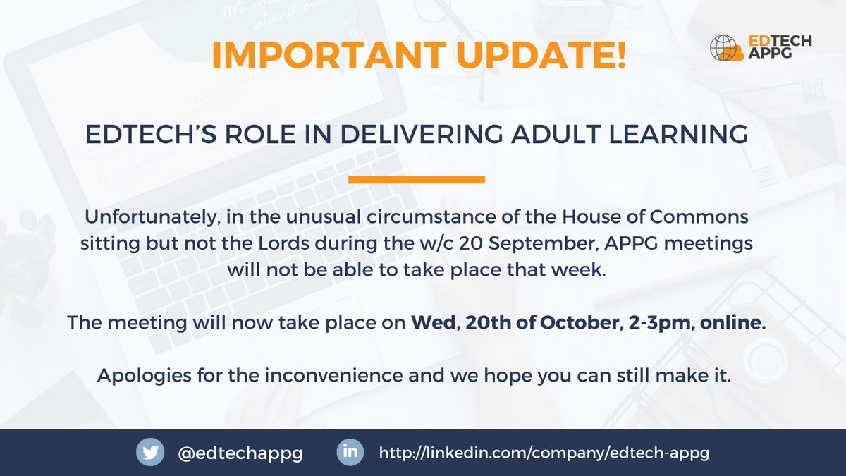edtechappg's tweet photo. IMPORTANT UPDATE! 

Unfortunately, in the unusual circumstance of the House of Commons sitting but not the Lords during the w/c 20 September, APPG meetings will not be able to take place that week.

Apologies for the inconvenience and we hope you can still make it. https://t.co/0OejVZMRDy