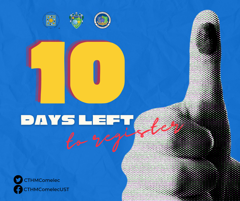 CTHMComelecUST's tweet photo. Only ✨10 days left✨ before the registration period is over! Let your voices be heard. 📣
Are you already a registered voter? If not, then hurry! The clock is ticking, don’t lose the chance! ⏰

Use your voice and register for the upcoming 2022 elections! Every vote counts !🇵🇭🎤 https://t.co/0HY1Zh3I3m